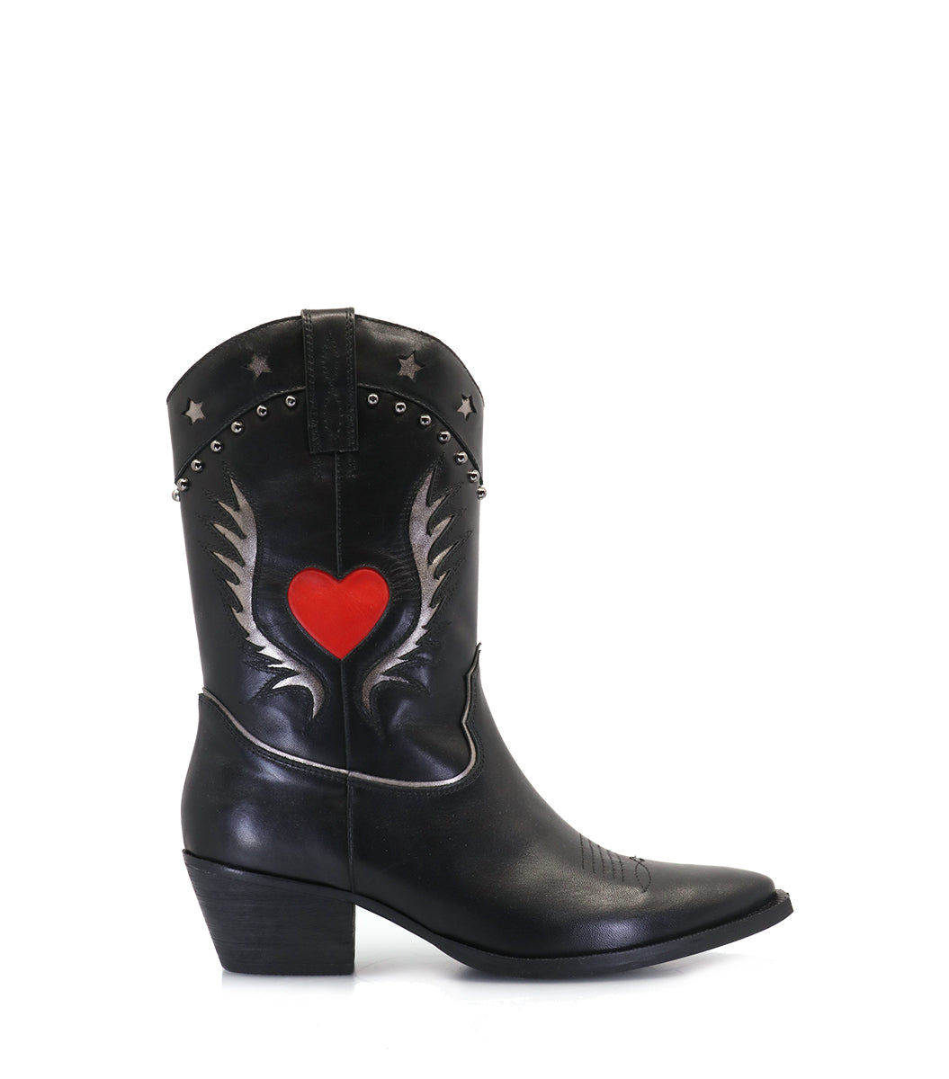 Texas Heart & Star Leather Black Boots Shirp
