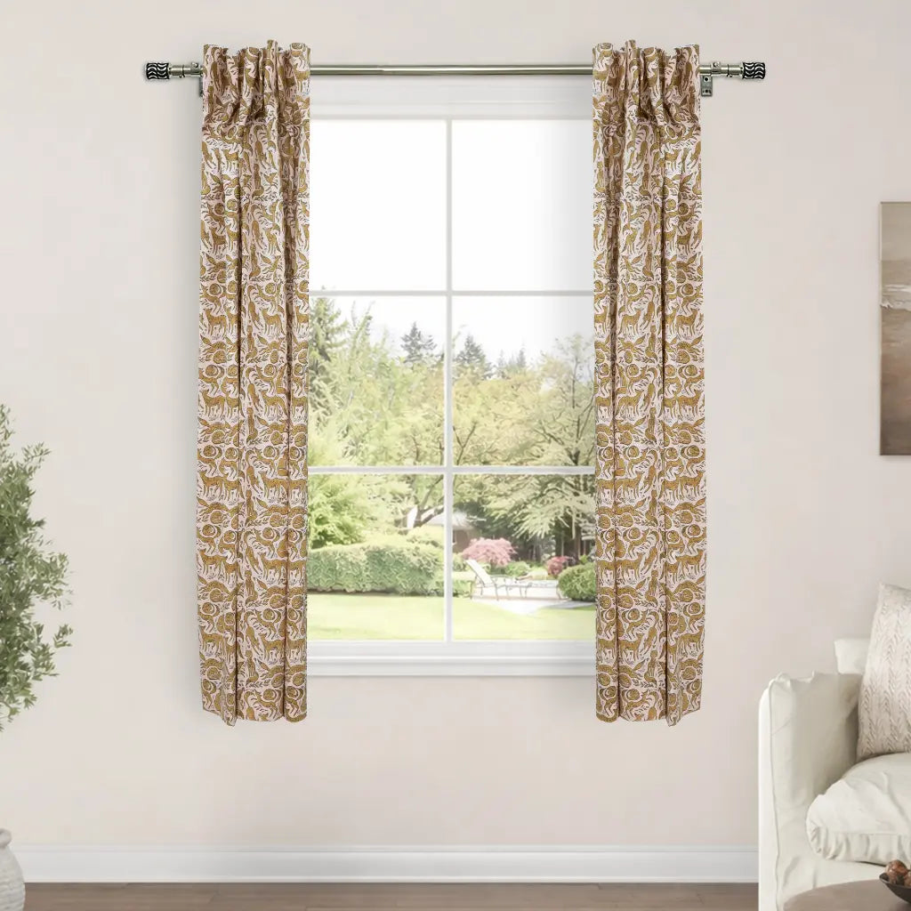 Gheravan Mustard Boho Animal Block Print Linen Curtain