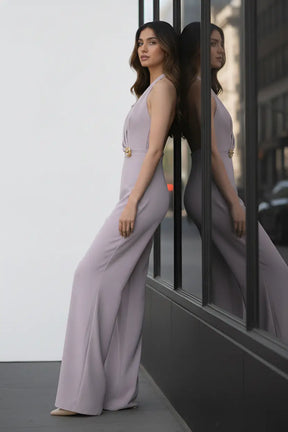 Salmon Pink Halter Jumpsuit – Gold Brooch