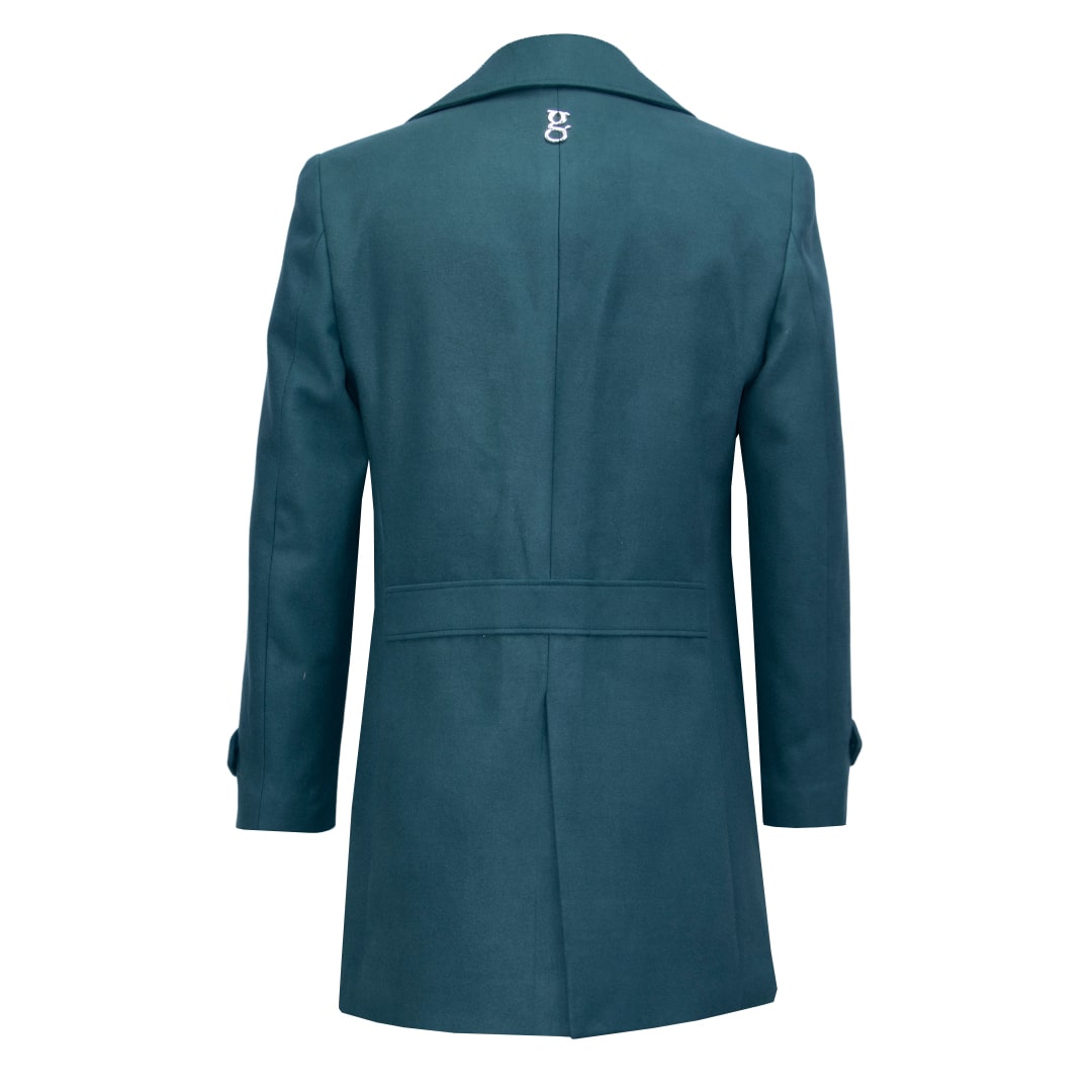 Green double-breasted coat.
