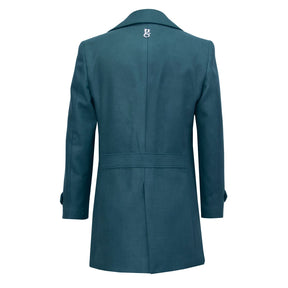 Green double-breasted coat.