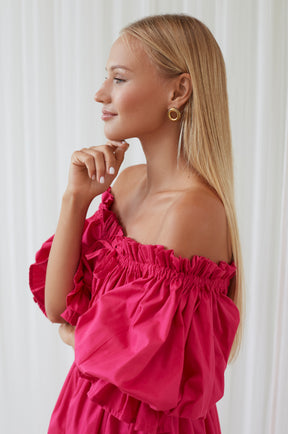 Vacay Off Shoulder Cotton Mini Dress - Fuchsia