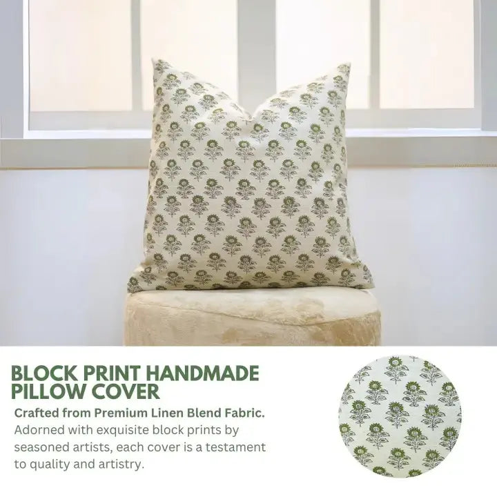 Natural Block Print Linen Blend Pillow Cover - Bagru Buti