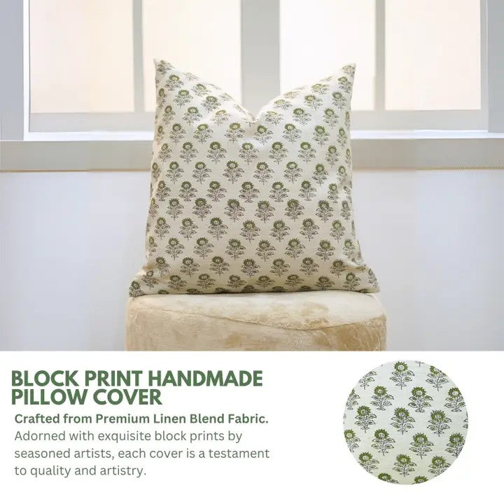 Natural Block Print Linen Blend Pillow Cover - Bagru Buti