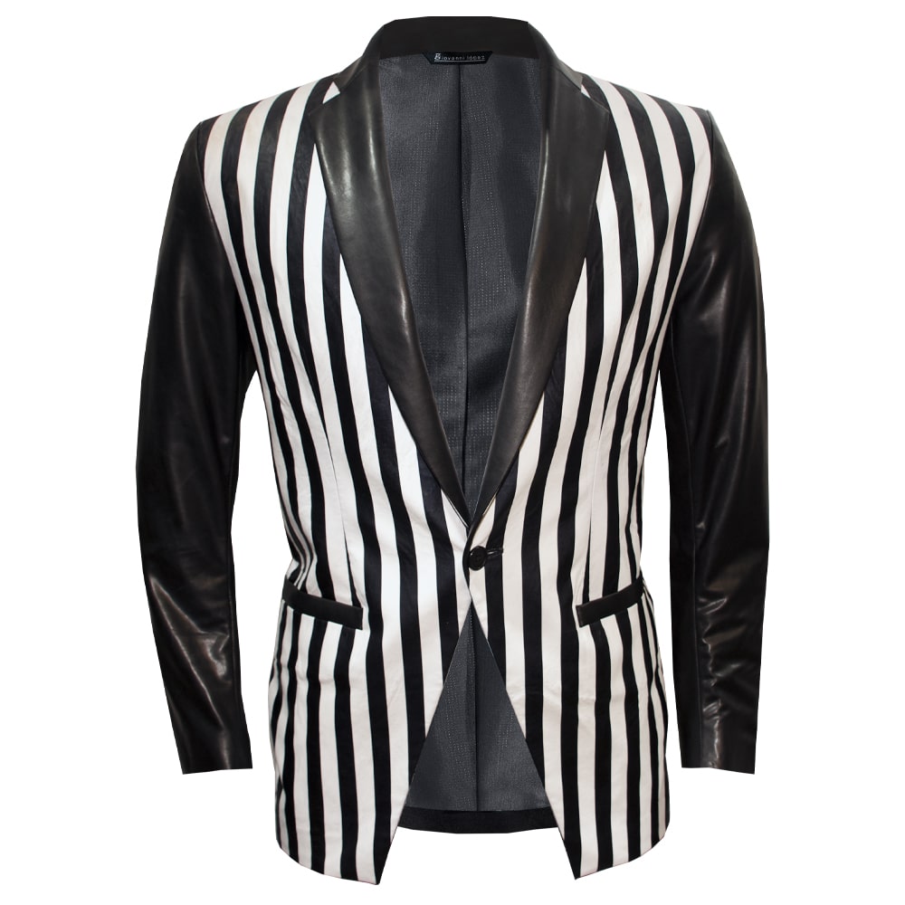 Black and white striped synthetic blazer
