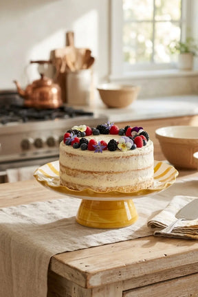 Ceramic Stripe Cake Stand, Yellow  - 10 X 10 X 3.75 Inches