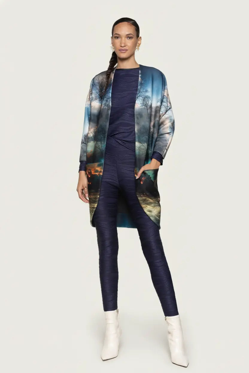 Women’s V-Neck ¾- Sleeve Printed Scuba Big Pocket Kimono