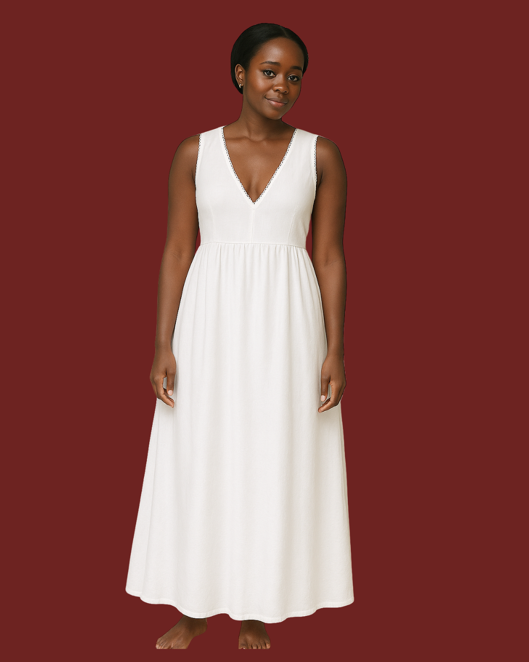 Alba White Linen Maxi Dress – Sleeveless V-Neck with Gathered Waist