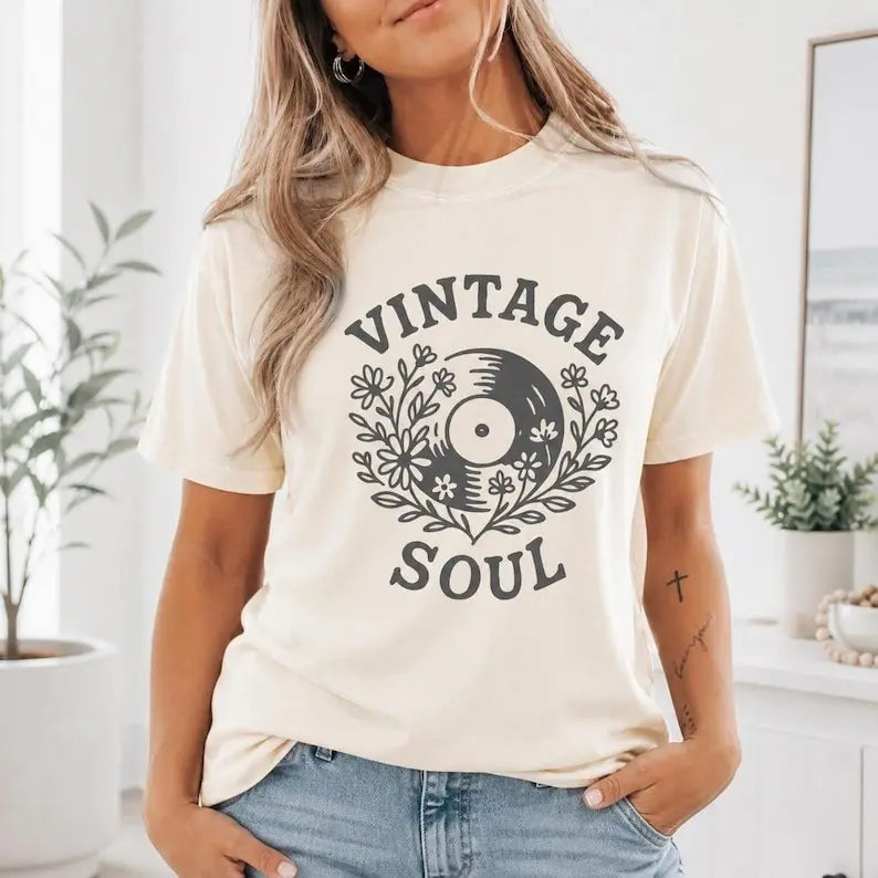 Vintage Soul Vinyl Record Floral Graphic T-Shirt | Ivory Retro Music Cotton Tee