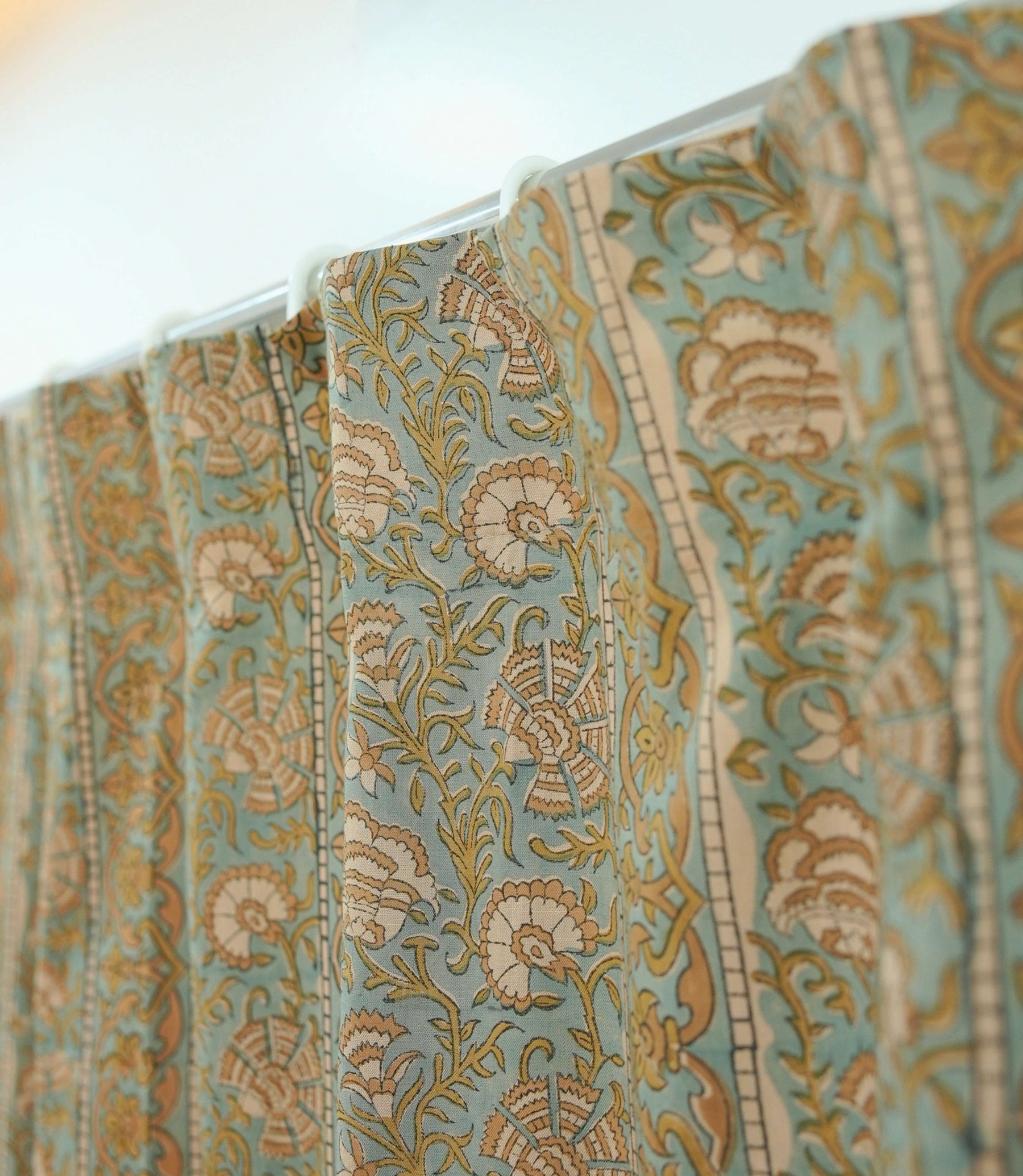 Handmade Blue & Brown Floral Block Print Viscose Colored Linen Curtain — Sonakshi