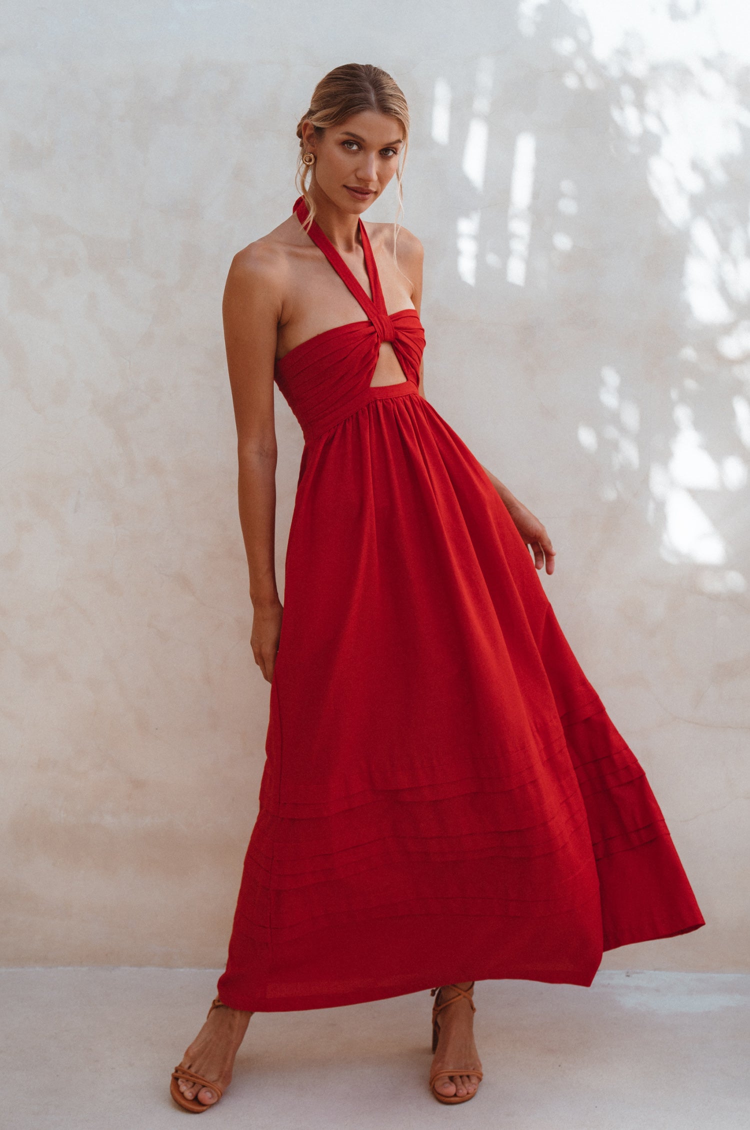 Penelope Halter Linen Maxi Dress - Red