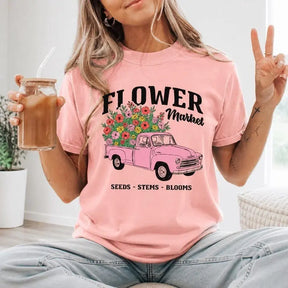 Flower Market Pink Pickup Truck Graphic T-Shirt | Light Pink Vintage Botanical Spring Cotton Tee