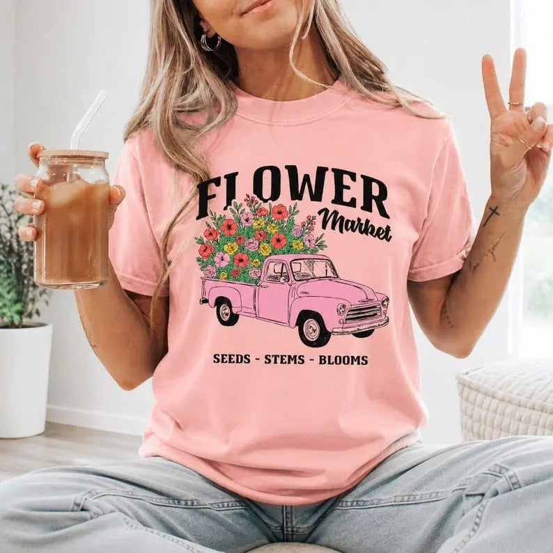 Flower Market Pink Pickup Truck Graphic T-Shirt | Light Pink Vintage Botanical Spring Cotton Tee