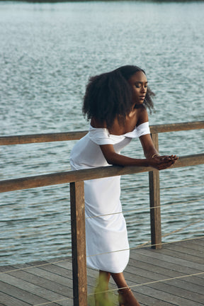 Thandi — White Linen Off-the-Shoulder Column Dress