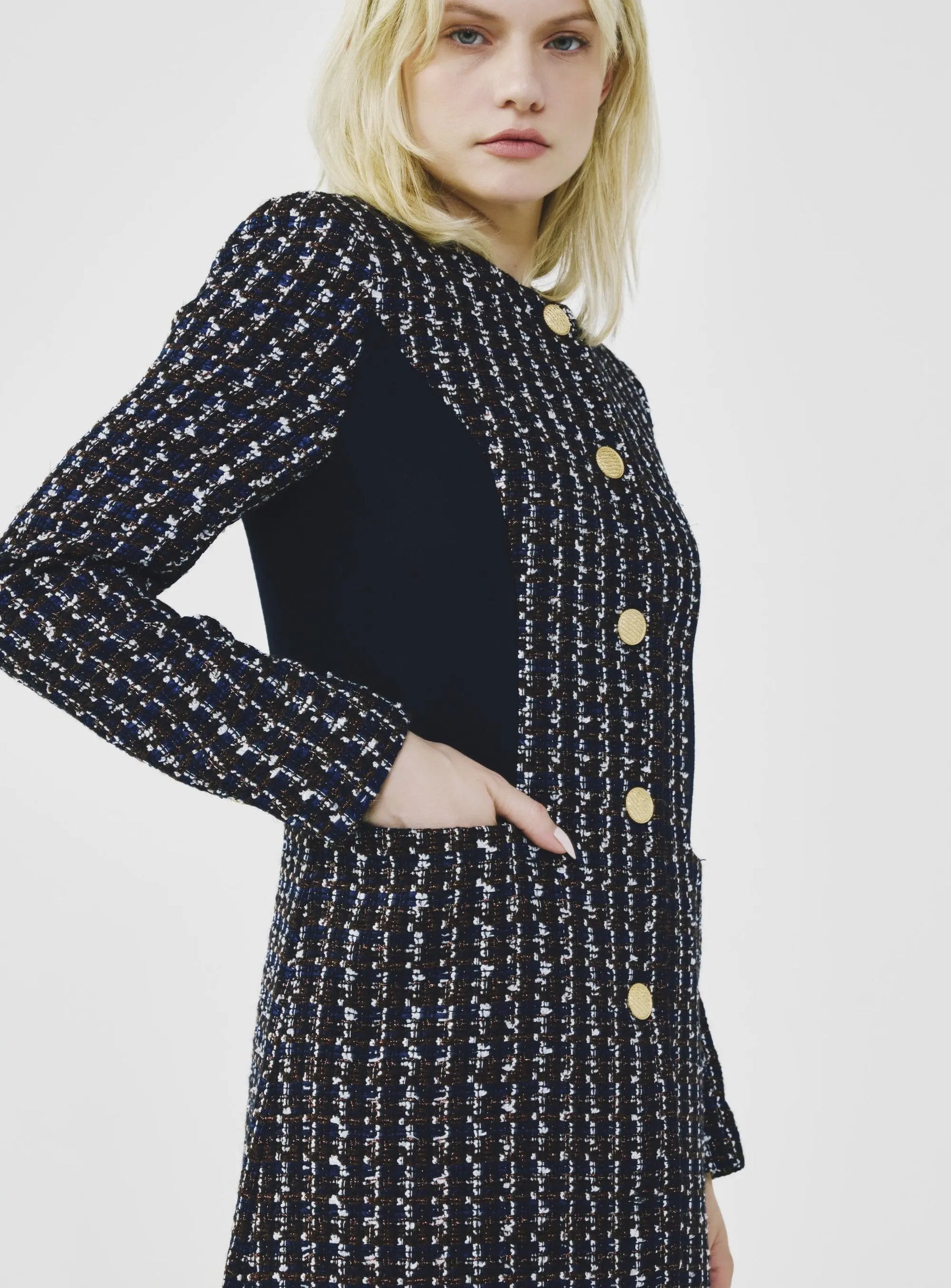 Paneled No-Collar Tweed Coat