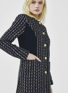 Paneled No-Collar Tweed Coat