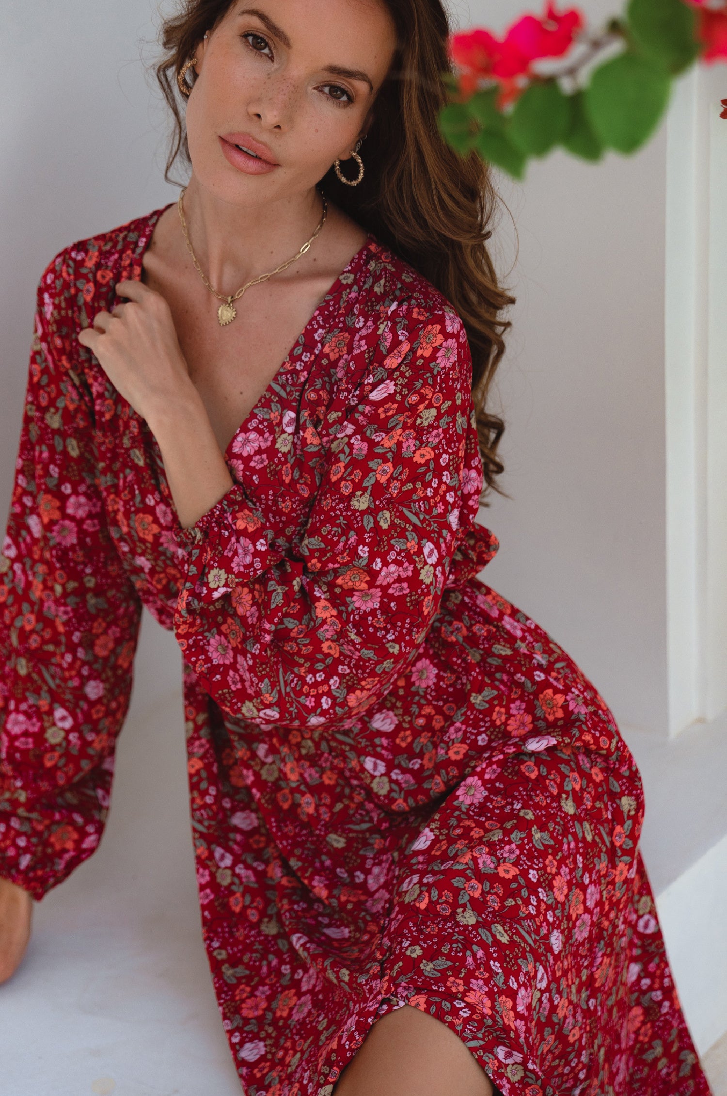 Greta Long Sleeve Midi Dress - Ruby Wildflower