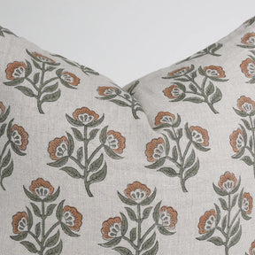Floral Blockprint Pure Linen Pillow Cover - Bael Patra