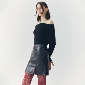 TESS BLACK CROC EMBOSSED LEATHER MINI SLIT SKIRT