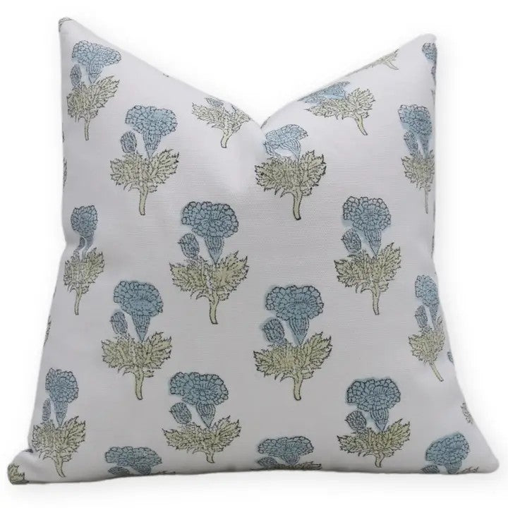 Floral Design Handmade Block Print Thick Cotton White Pillow Cover - Manmohan