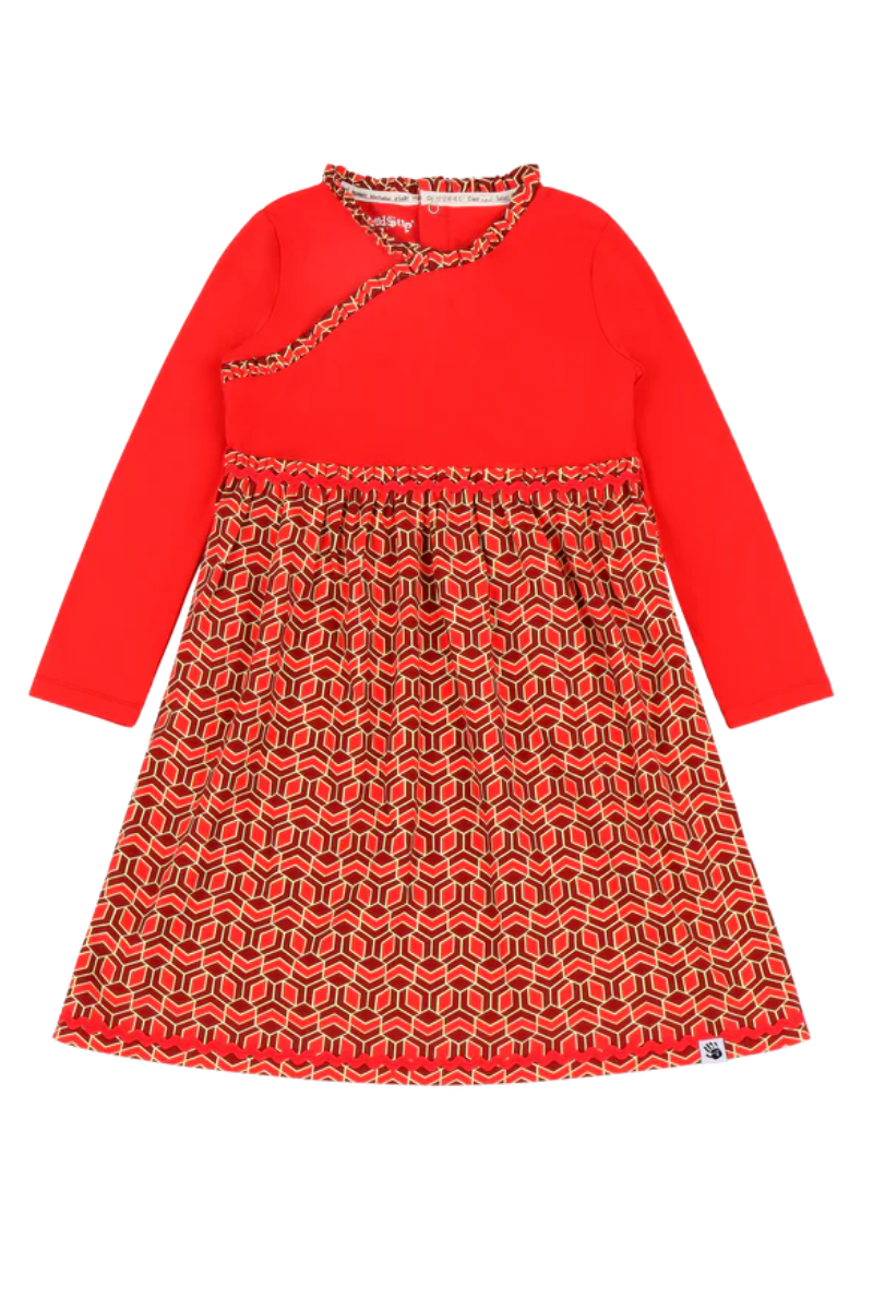 Mixed Up Clothing Girls Long Sleeve Ruffle Trim Dress Red Multicolor