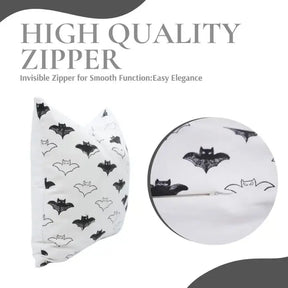 Hallowen Design  Handmade Block Print Thick Cotton White Pillow Cover - Bat