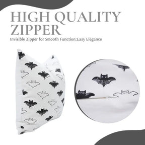 Hallowen Design  Handmade Block Print Thick Cotton White Pillow Cover - Bat