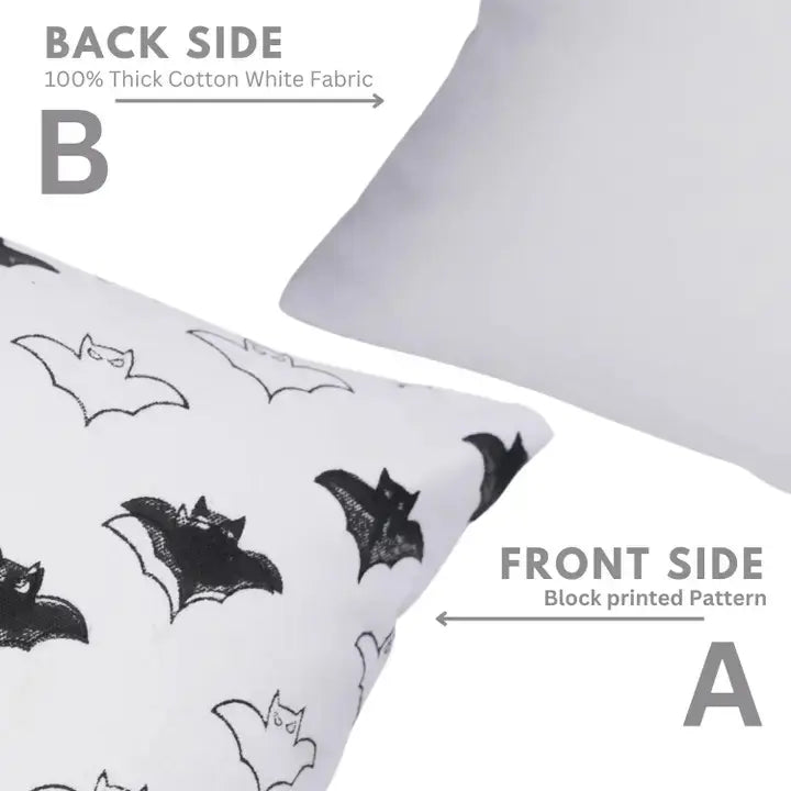 Hallowen Design  Handmade Block Print Thick Cotton White Pillow Cover - Bat
