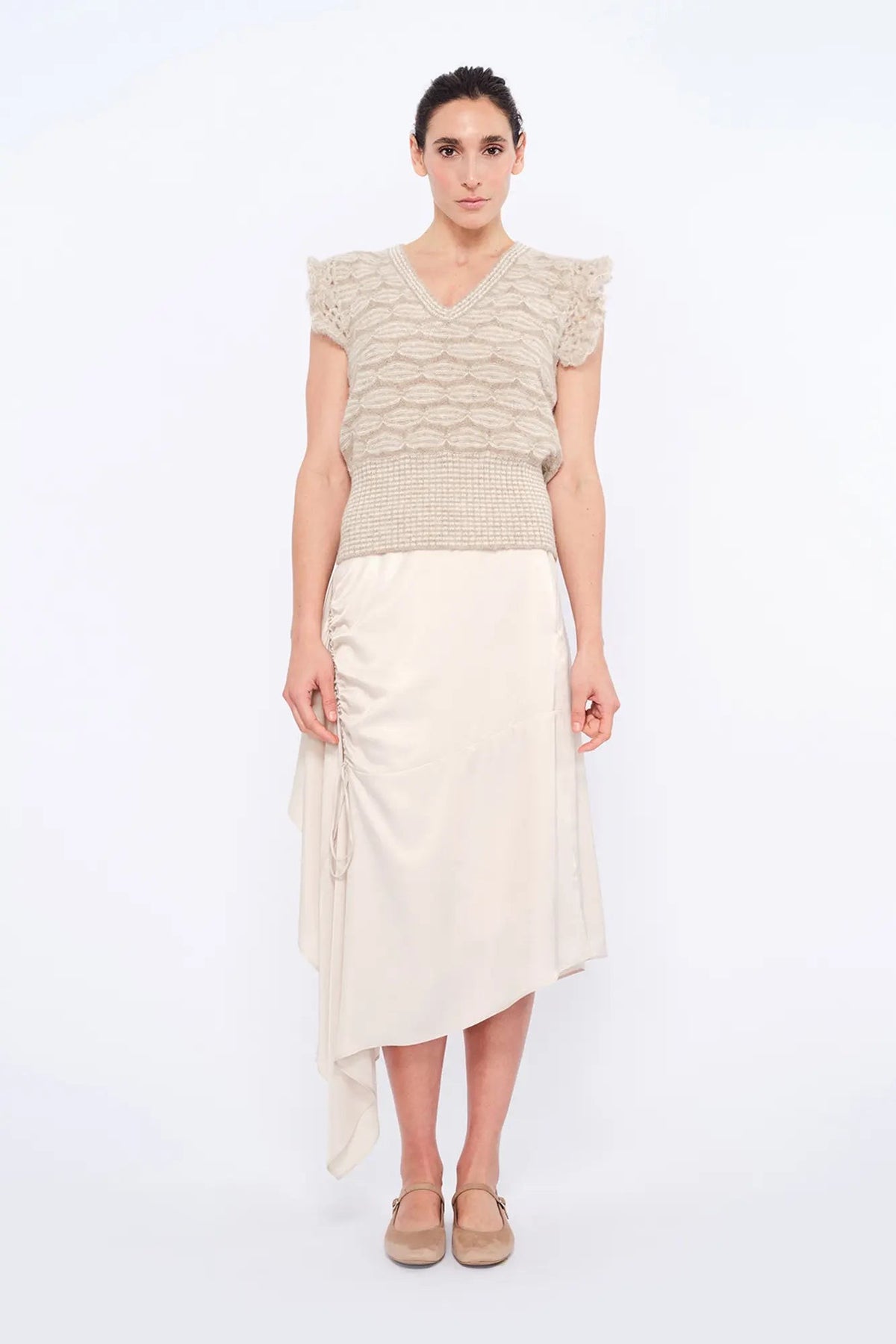 Beca Crochet Sleeve Alpaca Vest | Beige Melange