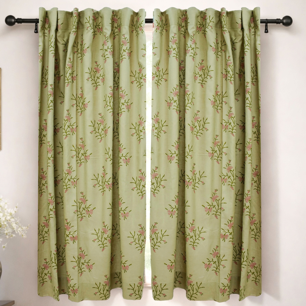 Handcrafted Floral Block Print Viscose Linen Green Curtains Panel - Daisy