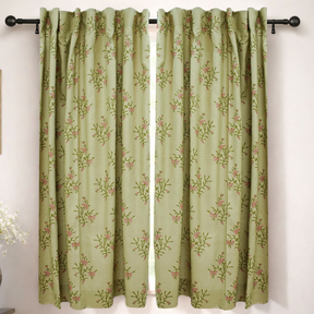 Handcrafted Floral Block Print Viscose Linen Green Curtains Panel - Daisy
