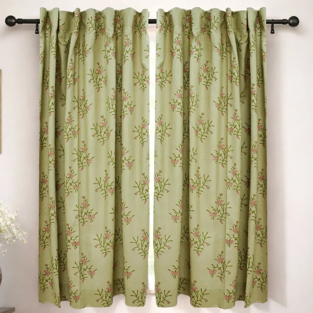 Handcrafted Floral Block Print Viscose Linen Green Curtains Panel - Daisy