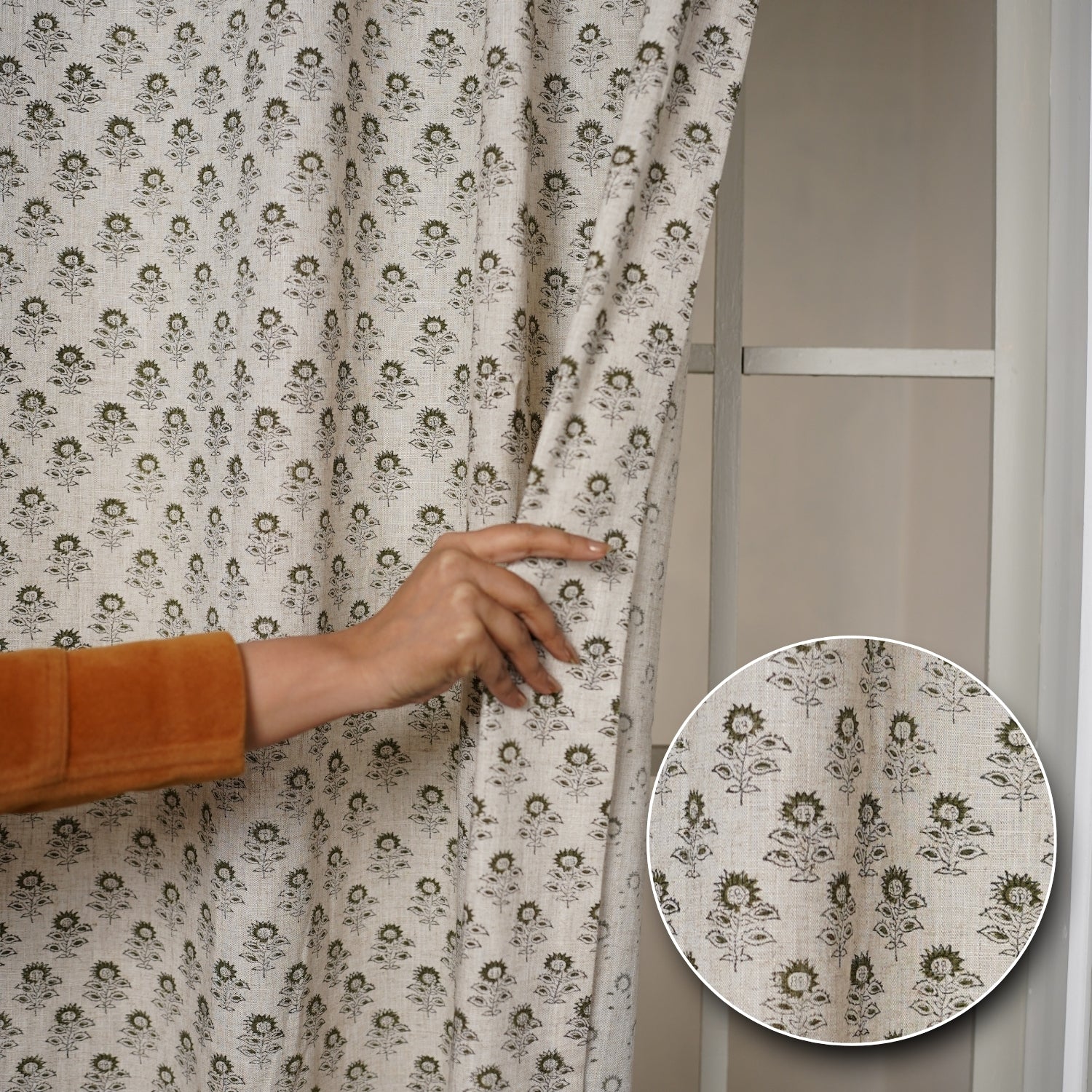 Hancrafted Block Viscose Linen Ring Curtain - Bagru Buti