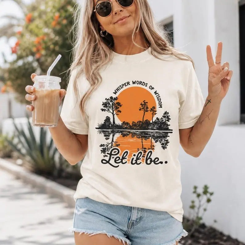 Whisper Words of Wisdom Let It Be Sunset Graphic T-Shirt | Ivory Retro Nature Cotton Tee