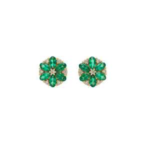 Pear Emerald & Round Diamond Floral Studs
