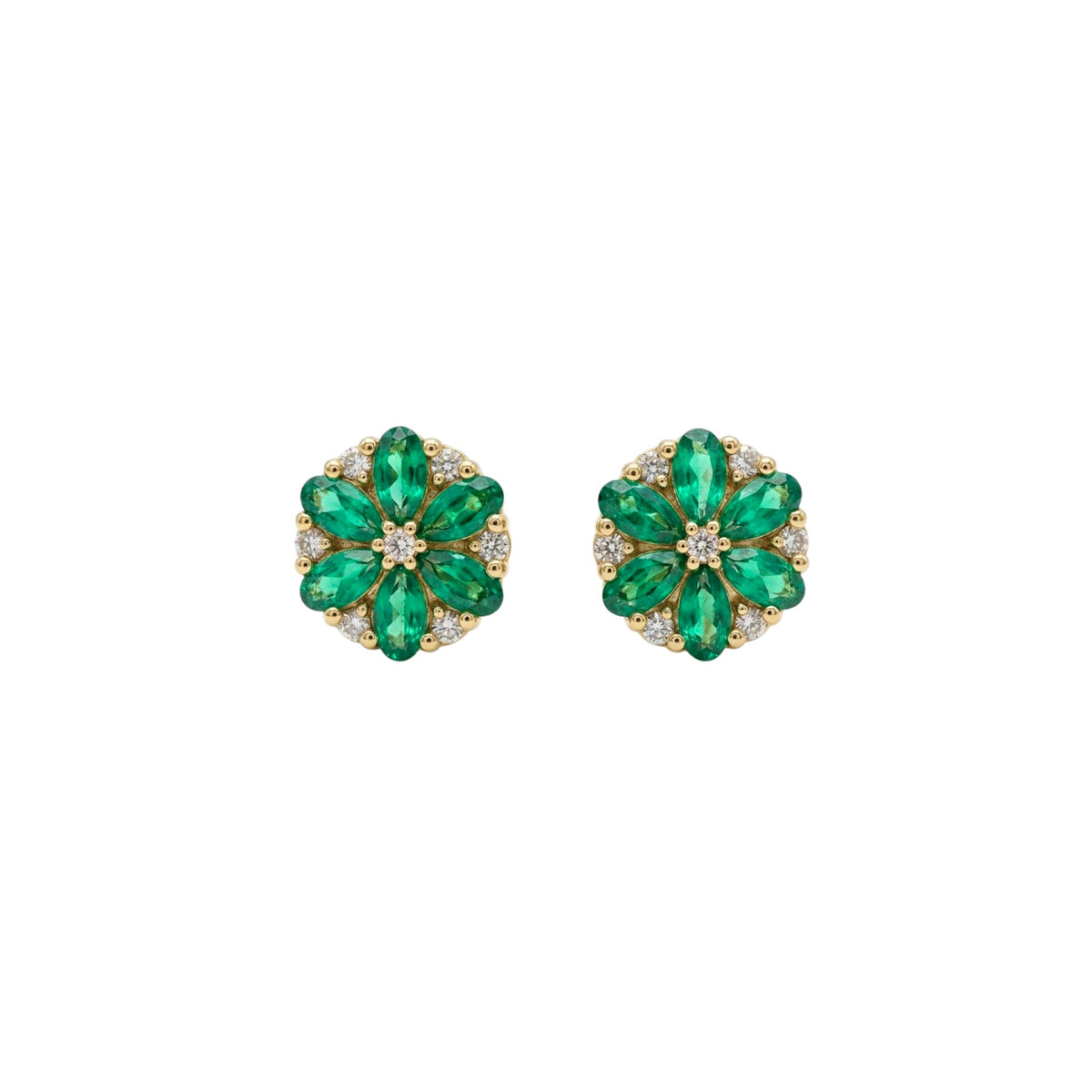 Pear Emerald & Round Diamond Floral Studs