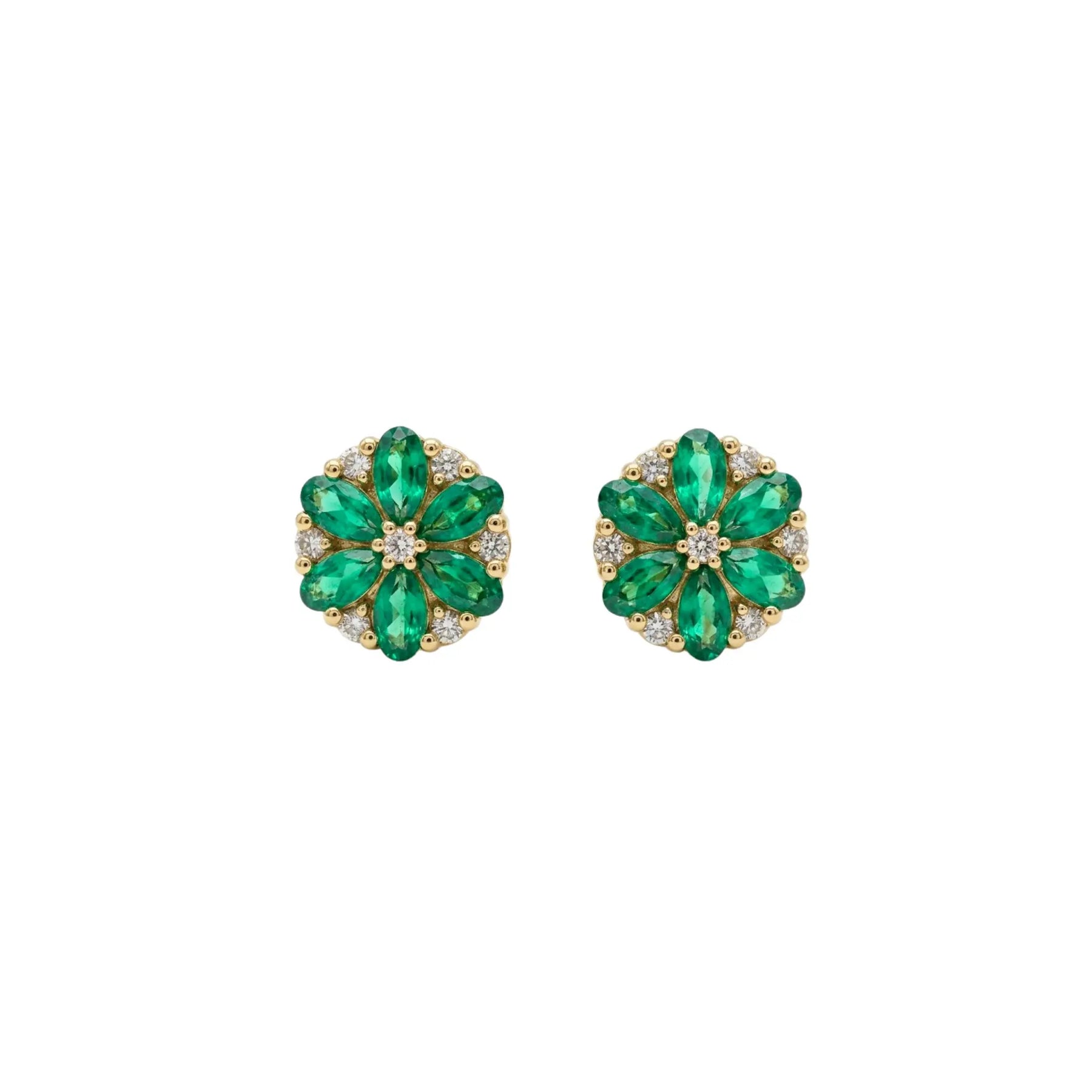 Pear Emerald & Round Diamond Floral Studs