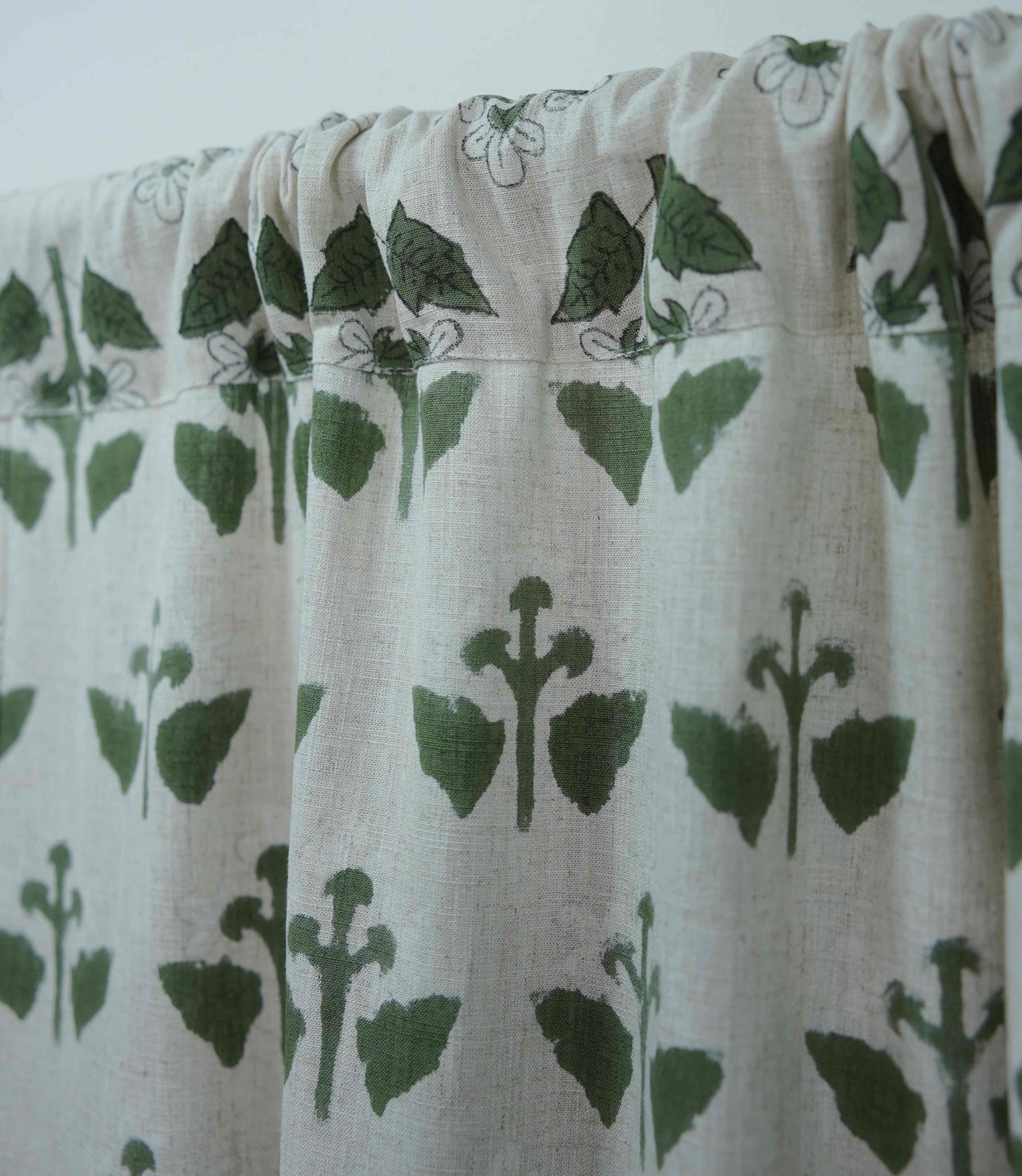 Handmade Block Print Linen Curtains Green White Floral Design | Chahat