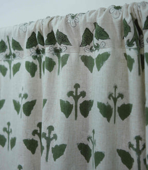Handmade Block Print Linen Curtains Green White Floral Design | Chahat