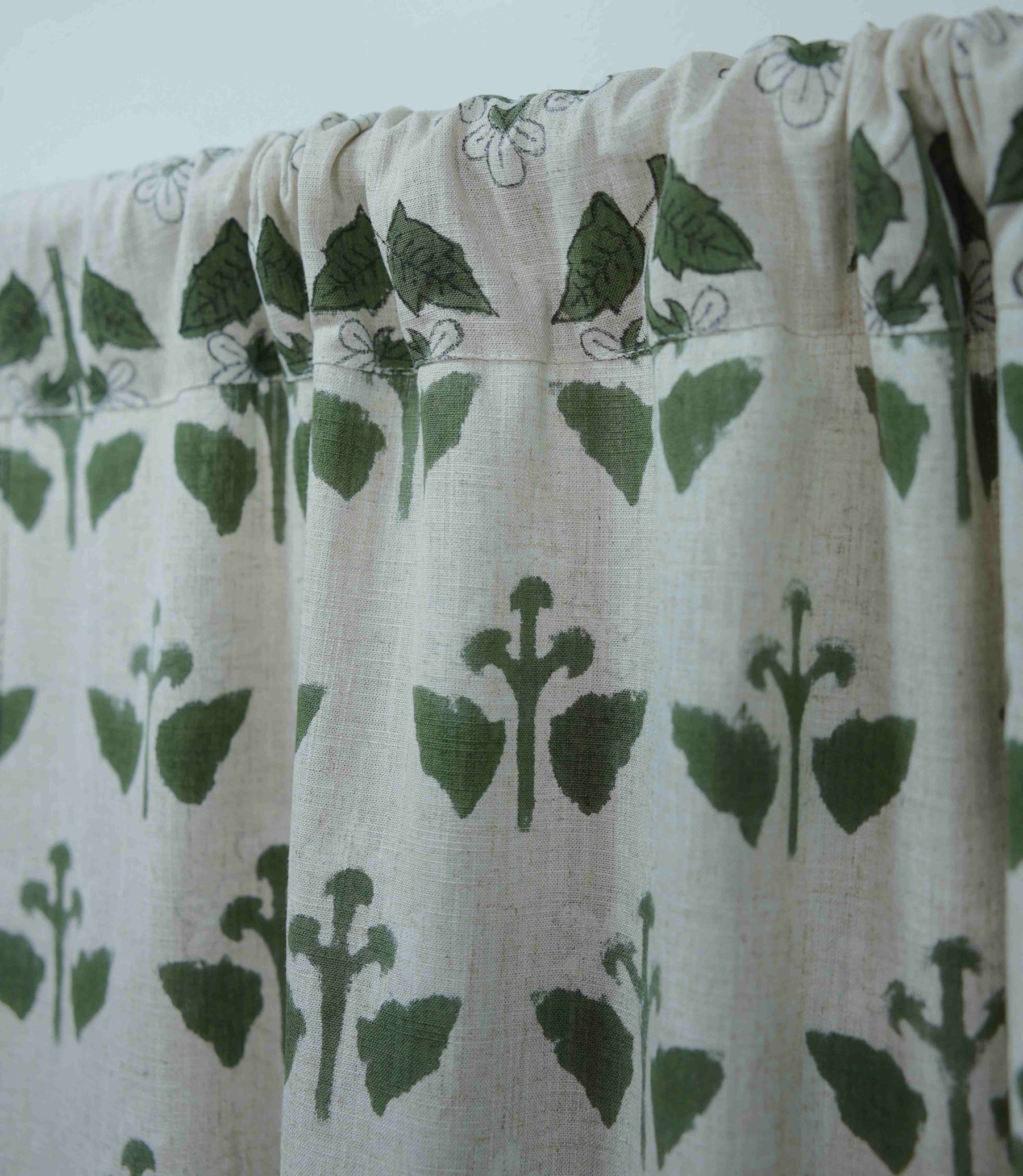 Handmade Block Print Linen Curtains Green White Floral Design | Chahat
