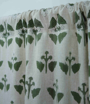 Handmade Block Print Linen Curtains Green White Floral Design | Chahat