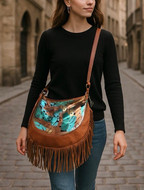 Nima Fringes Handpainted Leather Messenger And Shoulder Handbag