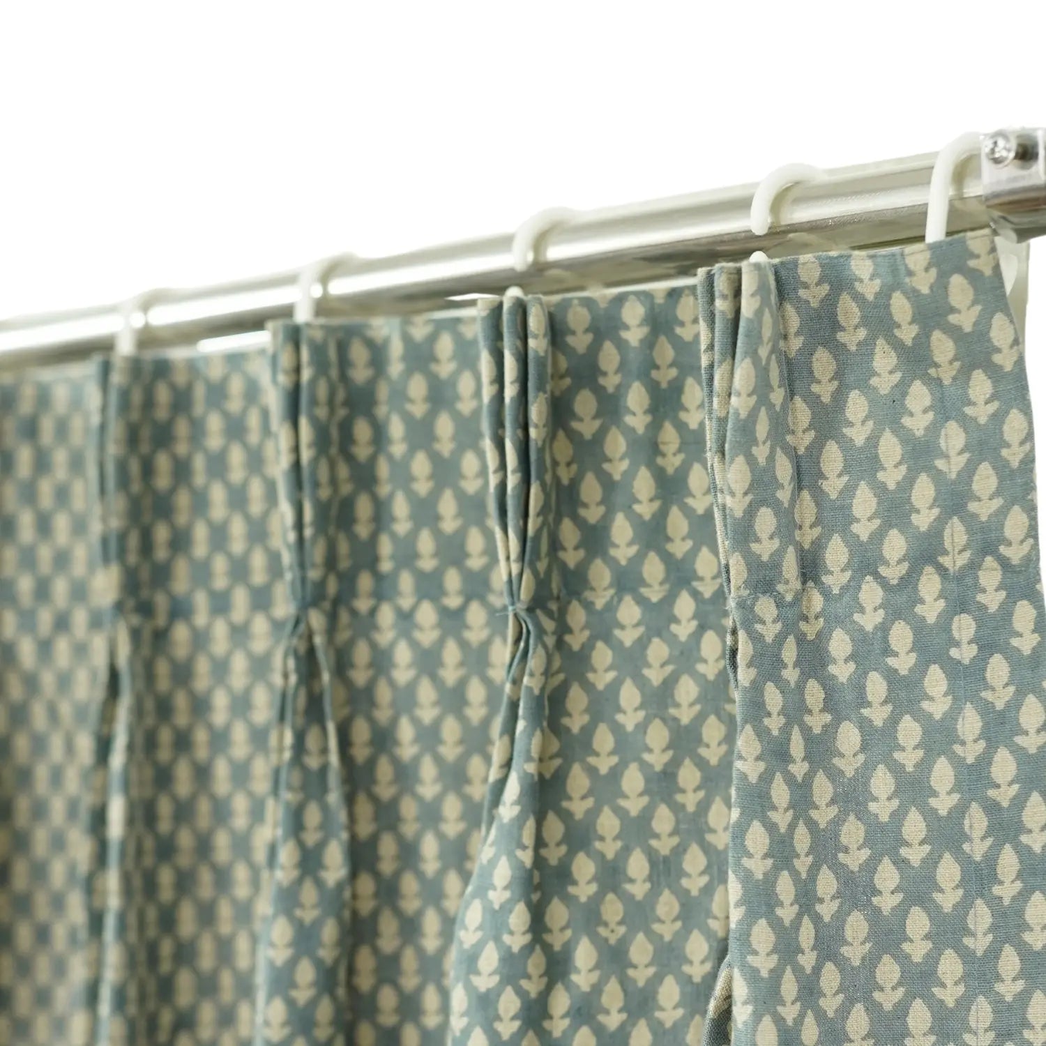 Elegant Block Printed Pure Linen Pleated Curtain- Hariyali