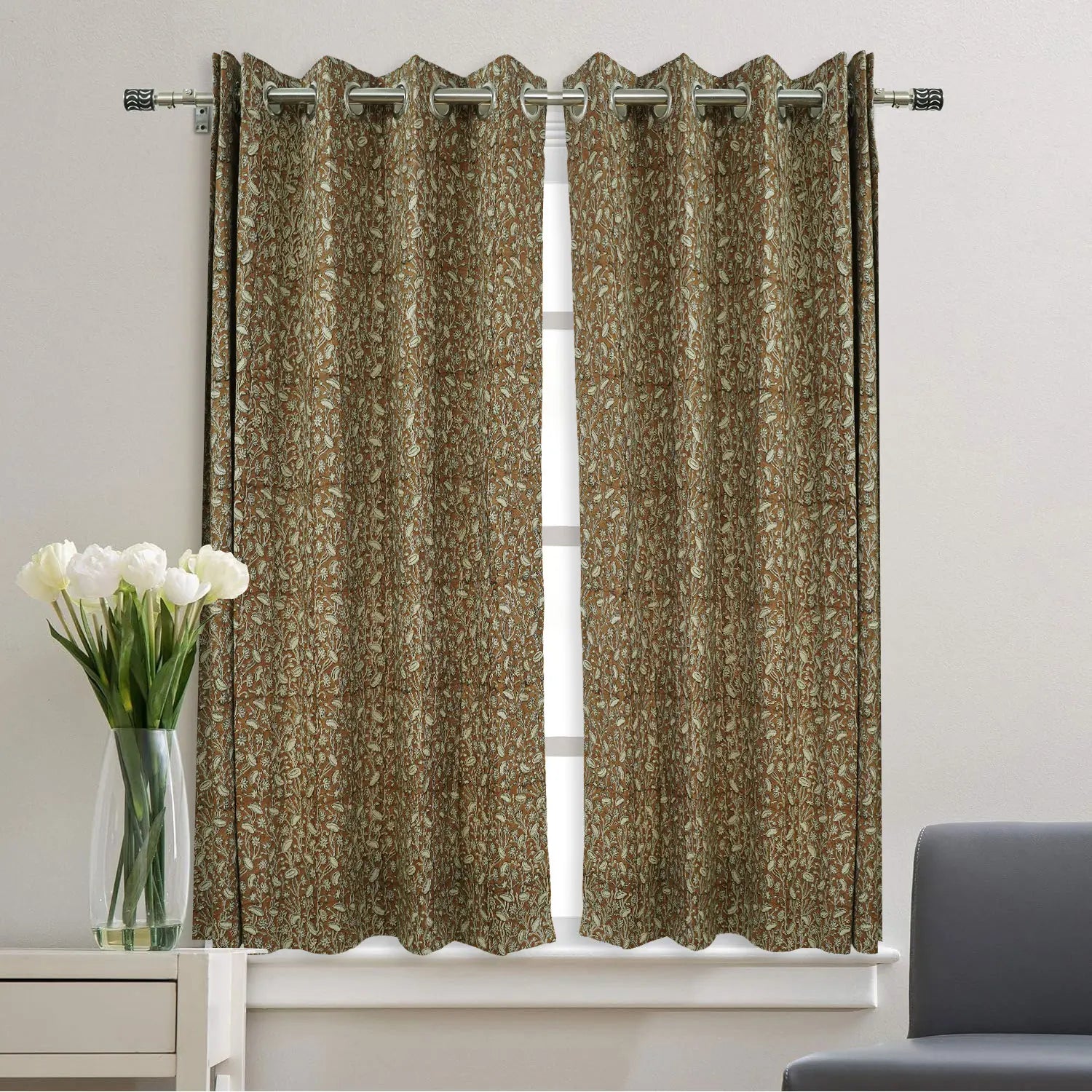 Decorative  Block Print Pure Linen Grommet Curtain - Pishta