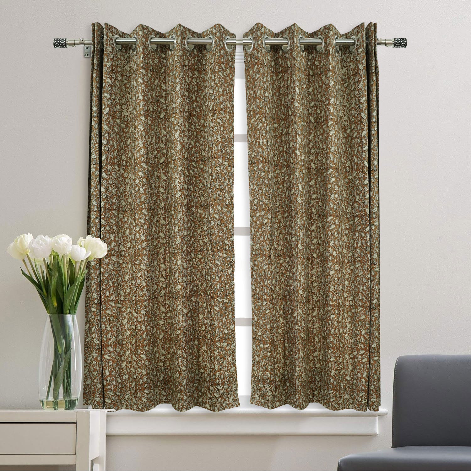 Decorative  Block Print Pure Linen Grommet Curtain - Pishta