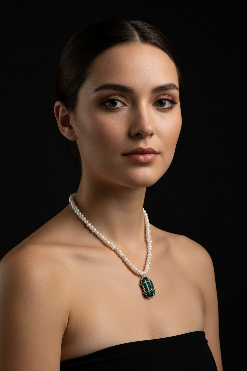 Caged Malachite Pearl Necklace
