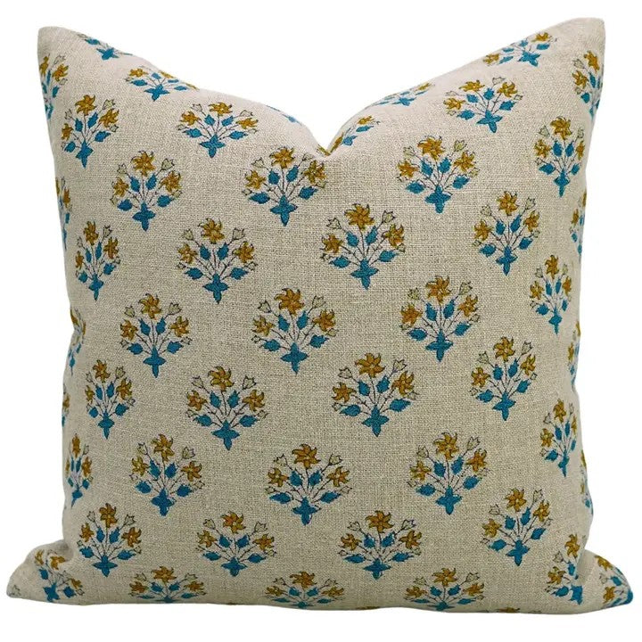 Elegant Handcrafted Block Print Boho Thick Linen Pillow Cover- Diwali Flower