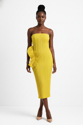 Ghia Sculptural Ruffle Pleated Midi Dress