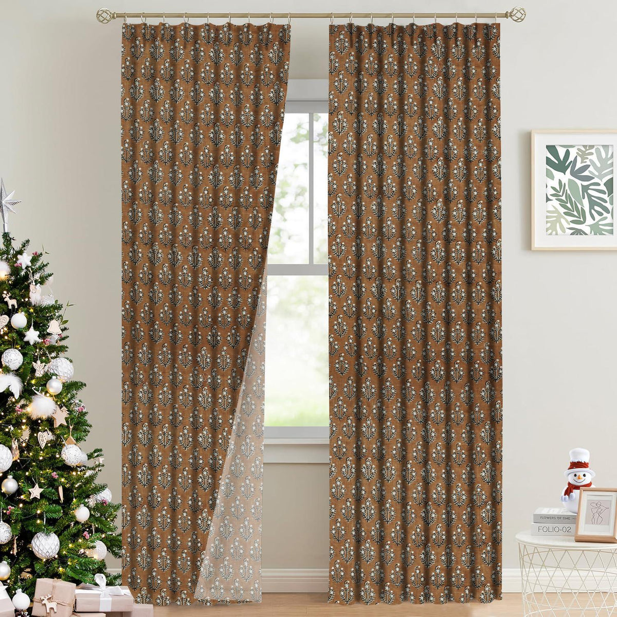 Handblock Print Thick Linen Pleated Curtain - Neelg]agan