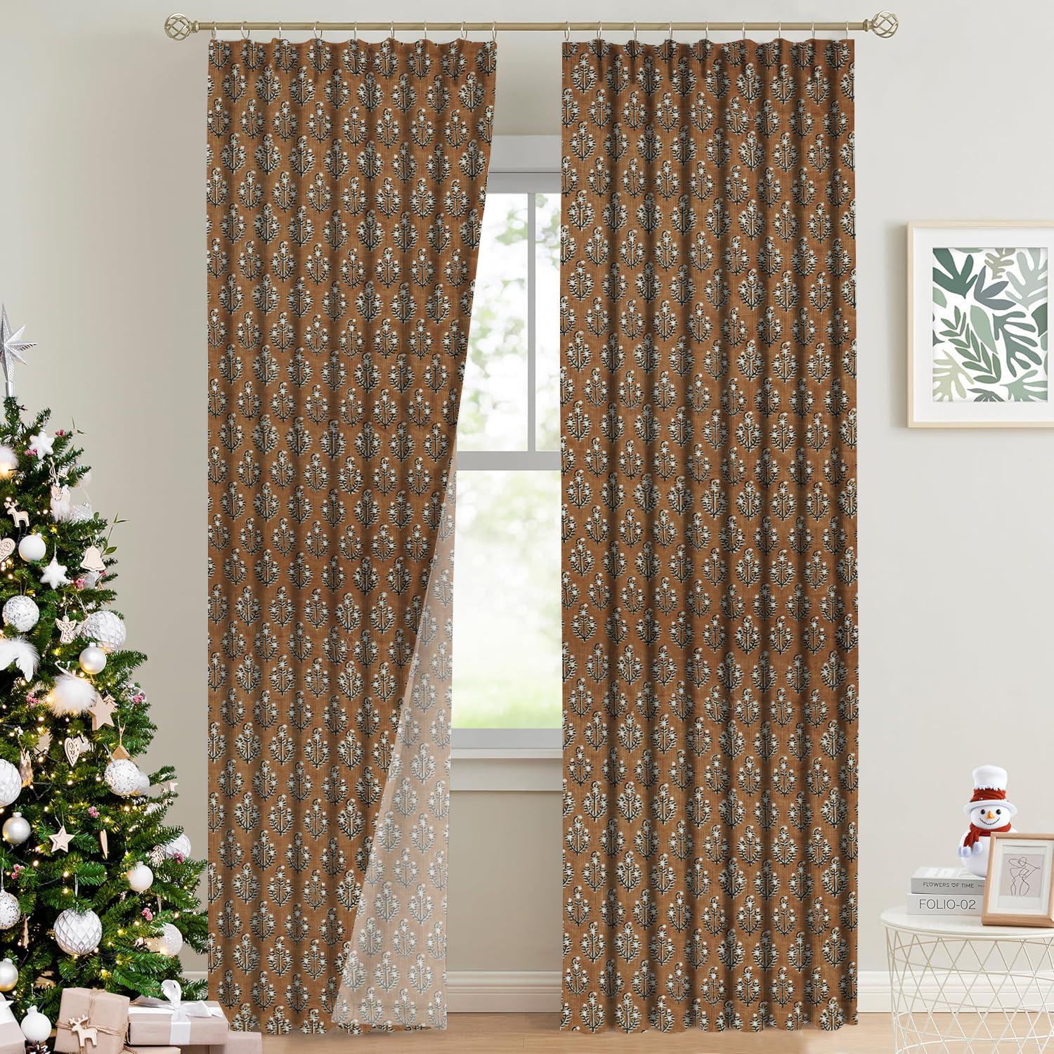 Handblock Print Thick Linen Pleated Curtain - Neelg]agan